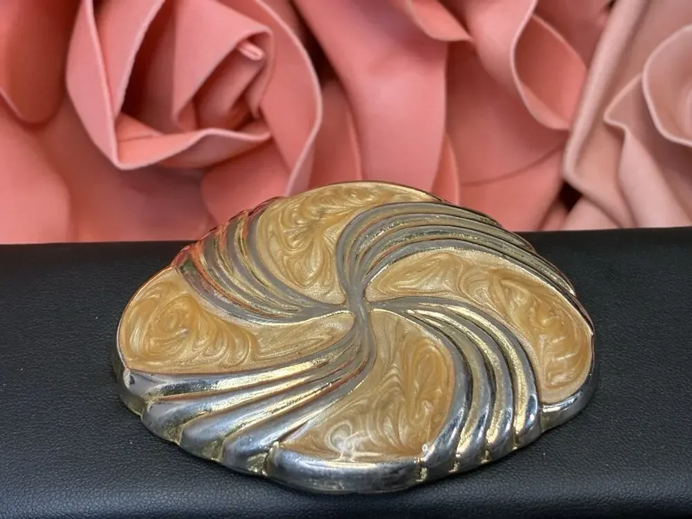 Vintage Pat LOR Gold Tone Swirl Enamel Statement Belt Buckle Cream Art Deco